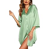 Ekouaer Satin Nightgowns for Women Silk Sleepwear Button Down Sleepshirt 3/4 Sleeve V-Neck Nightshirts with Pockets