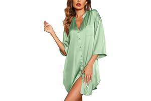 Ekouaer Satin Nightgowns for Women Silk Sleepwear Button Down Nightwear 3/4 Sleeve V-Neck Nightshirts