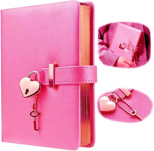 HeartShaped Lock Diary with Key, PU Leather Cover Locking Journal