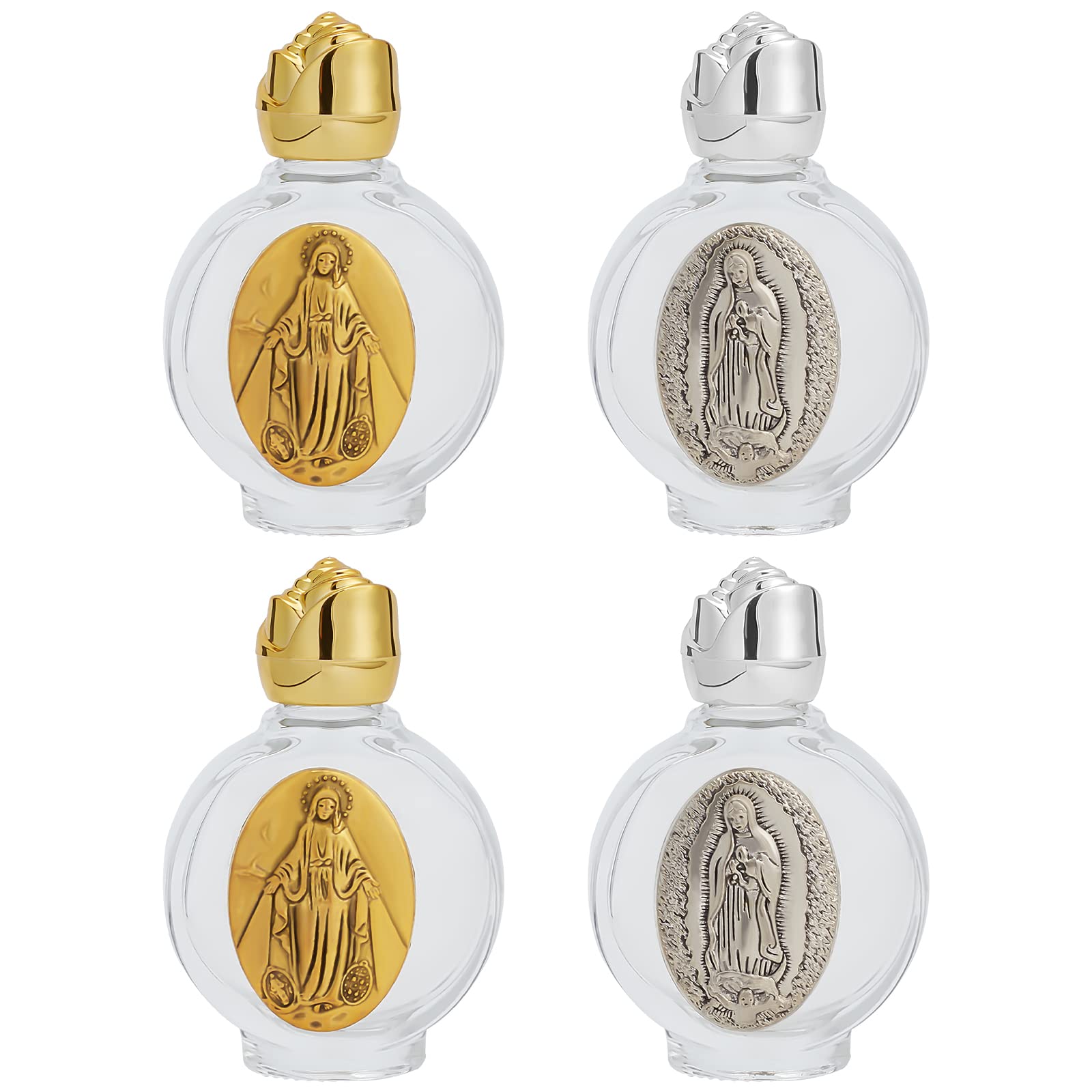 WEBEEDY 4 Pcs Glass Holy Water Bottle, Our Lady of Guadalupe Mary Small Holy Water Bottles for Easter Day Essential Oil Bottles Easter Baptismal Gifts Decor Church Home Decor(Gold, Silver)