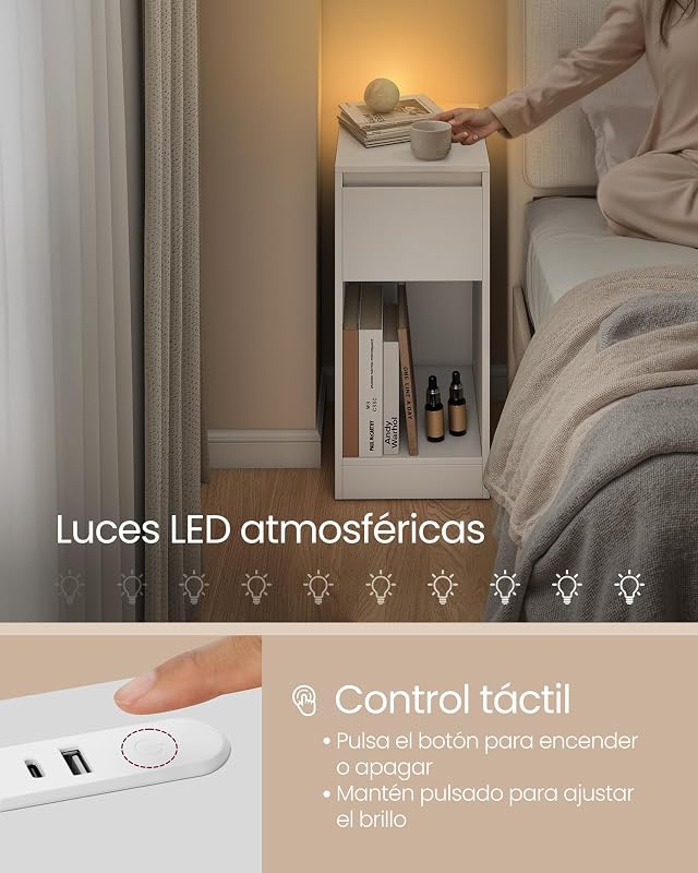 2 mesas de cabeceira estreitas, com iluminação LED