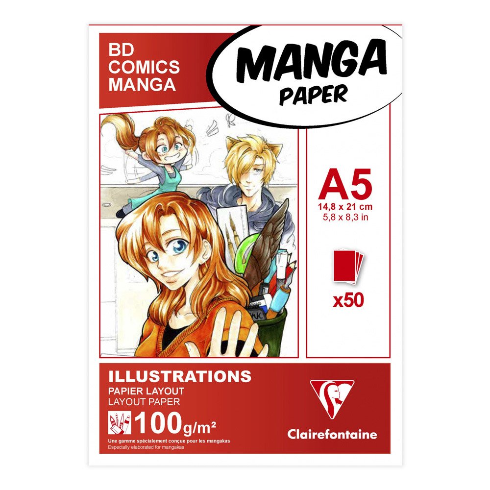 Clairefontaine - Ref 94041C - Manga Layout Paper For Colouring Glued Pad (50 Sheets) - A5 (210 x 148mm) Size, 100gsm Paper, White & Smooth, Ideal for Markers, Bleedproof