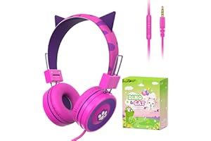 QearFun Cat Headphones for Girls Kids for School,Kids Wired Headphones with Microphone & 3.5mm Jack,Teens Toddlers Noise Cancelling Headphone with Adjustable Headband for Tablet/Smartphones-Purple