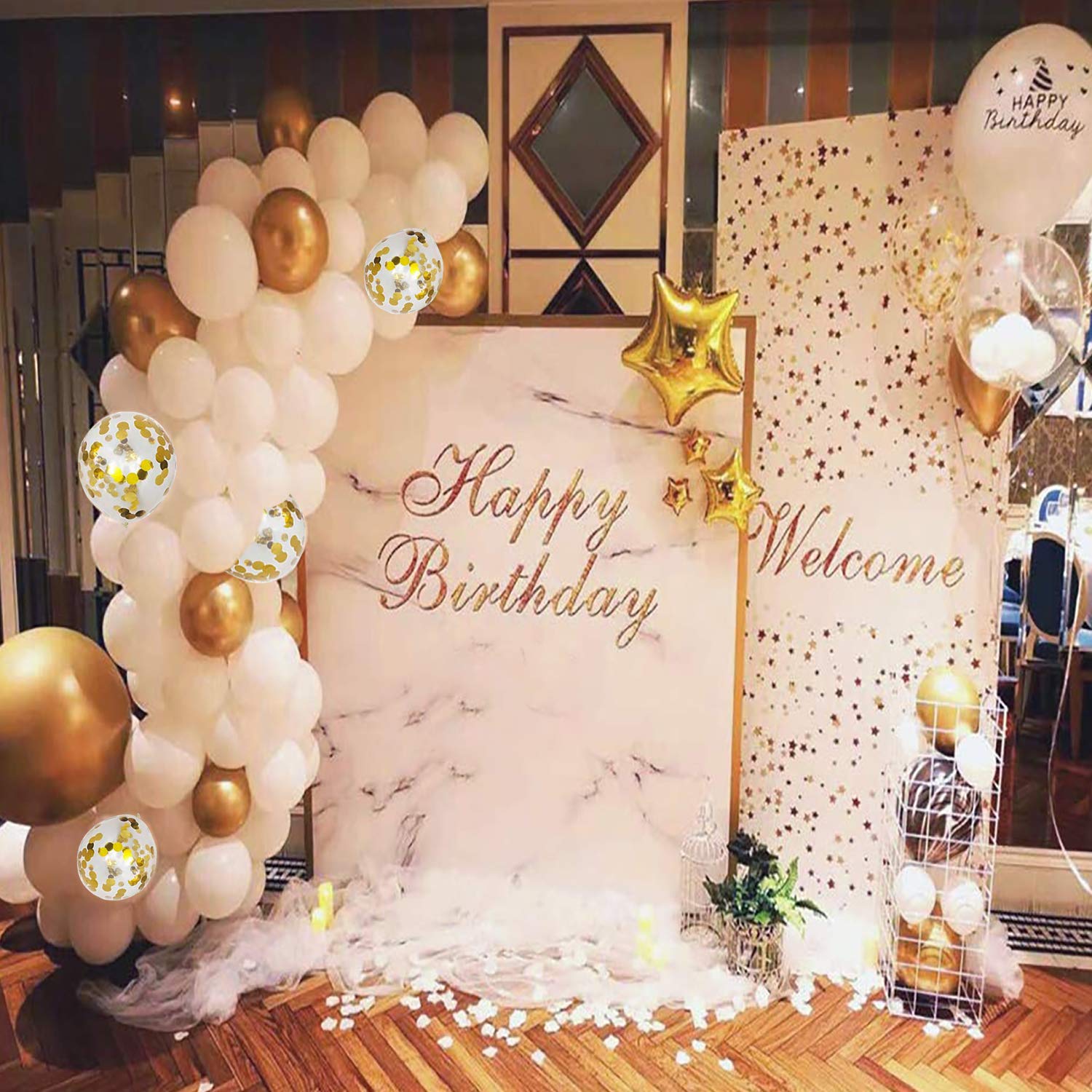 Balloon Arch Kit 12 Inch White, Gold, Golden Confetti Balloons 50 Pcs Pack Balloon Garland Kit with Ribbon and Balloon Tape Strips for Birthday/Baby/Bridal Shower Decorations