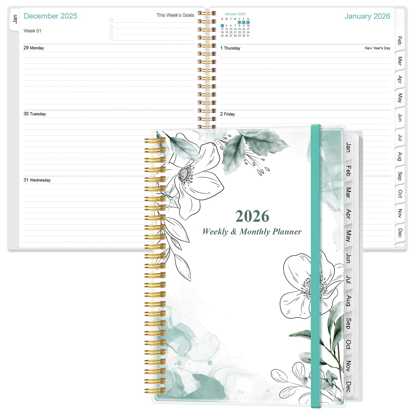 Photo 1 of 2026 Planner - Planner 2026 from January 2026 to December 2026 with 12 Monthly Tabs, Flexible Cover, Inner Pocket, 8.5" x 11", Teal Flowers