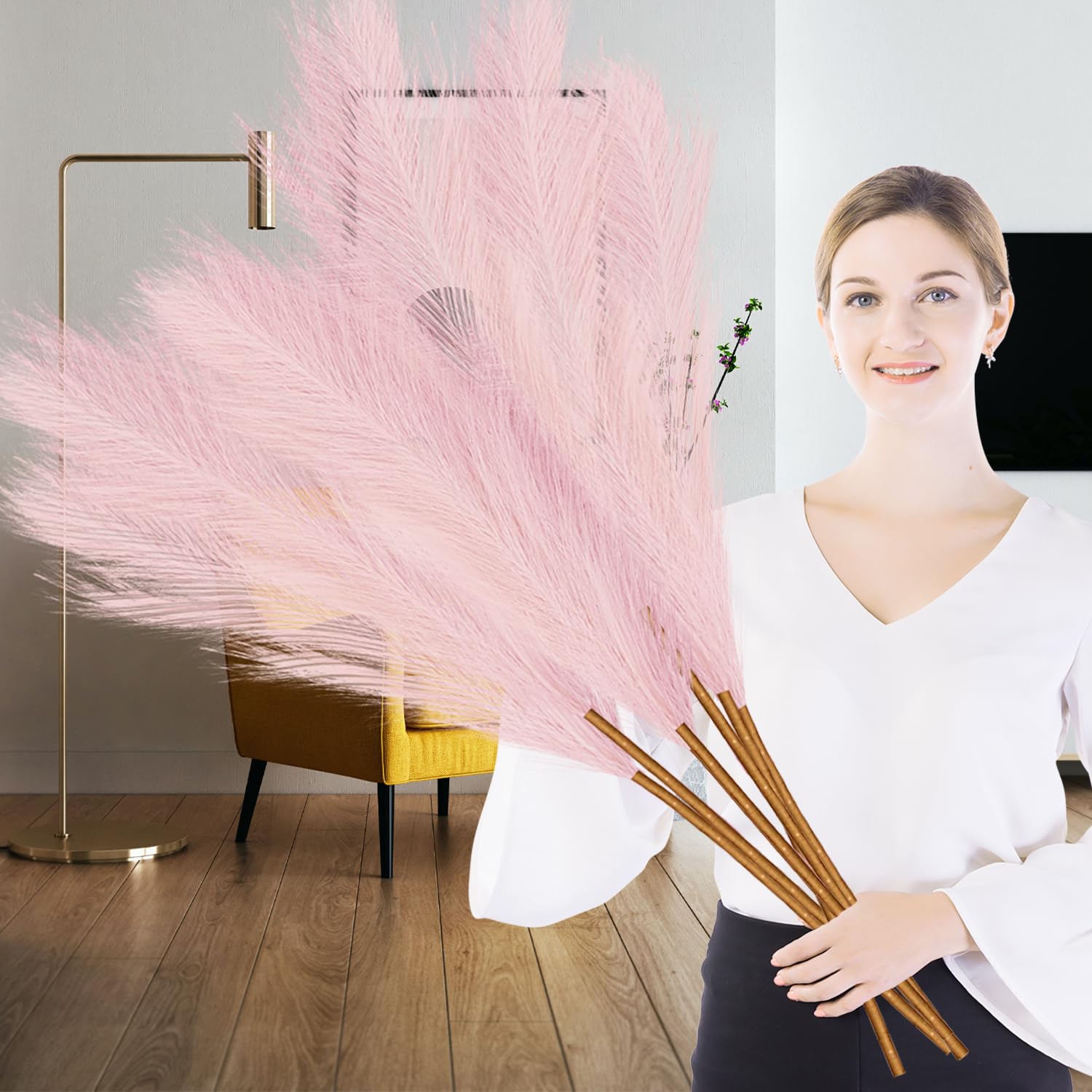 Lighterday 6 Pcs Pampas Grass Artificial 43"/110cm Large Tall Fluffy Faux Pampas Grass for Wedding Living Room Bedroom Boho Home Decor (Pink)