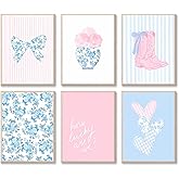 6 Pcs Blue and Pink Floral Bow Wall Art Trendy Chinoiserie Watercolor Heart Canvas Prints Posters Cowgirl Boots Aesthetic Wall Decor for Girly Room Coastal Dorm Home Decor Unframed 8x10in