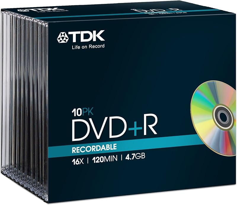 TDK DVD+R 16x 4.7GB 10 Pack Slim Jewel Case Recordable Disc Media