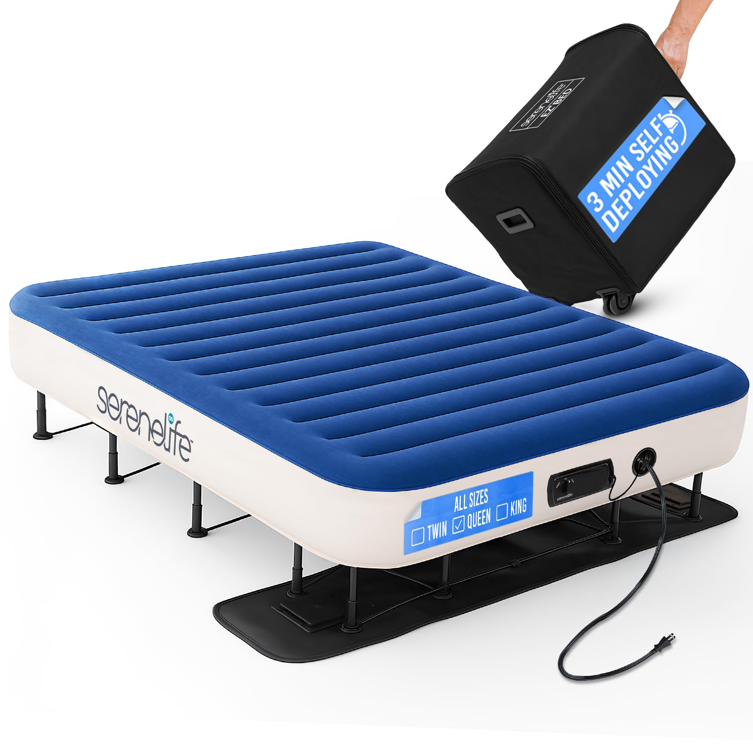 Photo 1 of SereneLife EZ Bed Air Mattress with Frame and Rolling Case, Self-Inflating Airbed with Built in Pump for Travel and Hosting, Queen