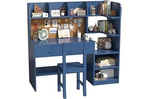 RUPOLX Wooden Blue Kids Study Desk and Chair Set, 2 Drawers and 2 Storage Cabinets, Children Desk with 4 Open Hutch and Bookshelf, Girls Study Desk for Kids Bedroom