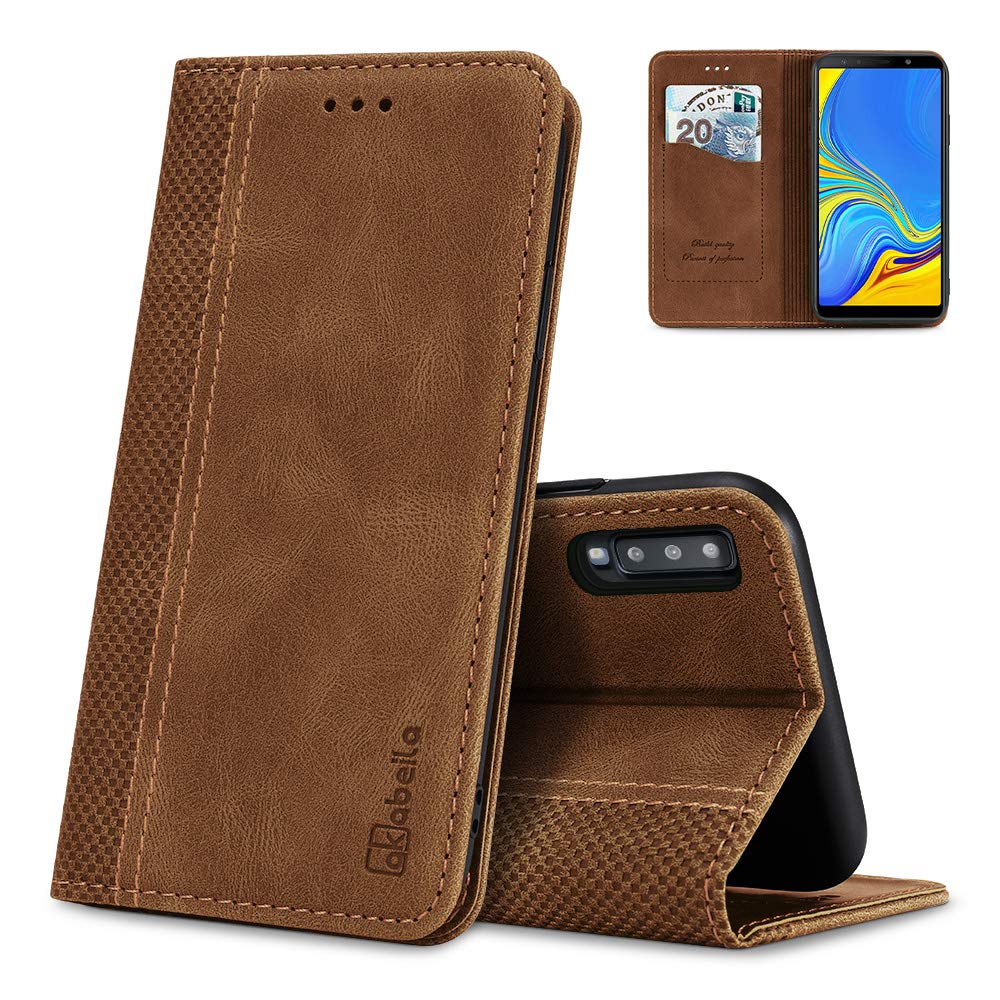 AKABEILA Case for Samsung Galaxy A7 2018 Case Premium PU Leather Flip Wallet Case with Magnetic Closure Kickstand Card Slot Folio Phone Cover Light Brown