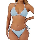 swimall Women's String Bikini Set Sexy Tie Side Two Piece Swimsuit Cute Triangle Halter Bathing Suit