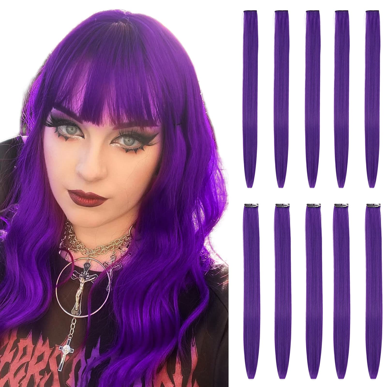 BEAUTY ON LINE 10 Pcs Clip in Hair Extensions, 22 Inch Colored Hair Extensions Party Highlights Long Straight Synthetic Hairpieces for Women/Kids/Girls(Purple Color)