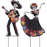 hogardeck Dia de Los Muertos Decorations, Set of 2 Day of The Dead Sugar Skull Dancers Decorative Garden Stakes, Metal Halloween Decorations Yard Signs for Outside Garden Lawn Porch Patio Party