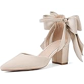 Yremael Women's Black Pointed Toe Pumps Bow Ankle Strap Chunky High Heels Dress Wedding Shoes