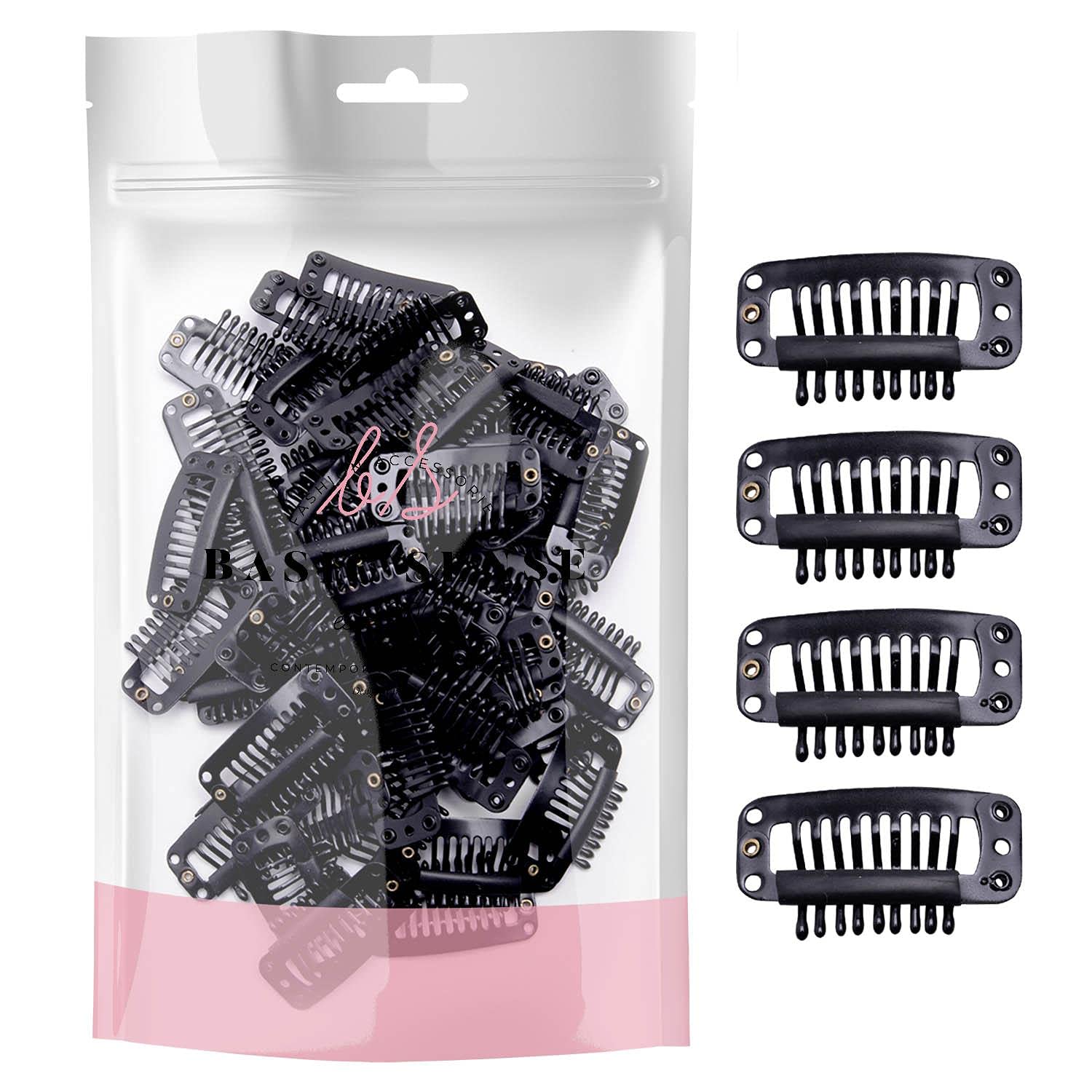 BasicSense 60 pcs Hair Extensions Strong Metal Snap Teeth Clips Hairpiece DIY Clip, Large Black