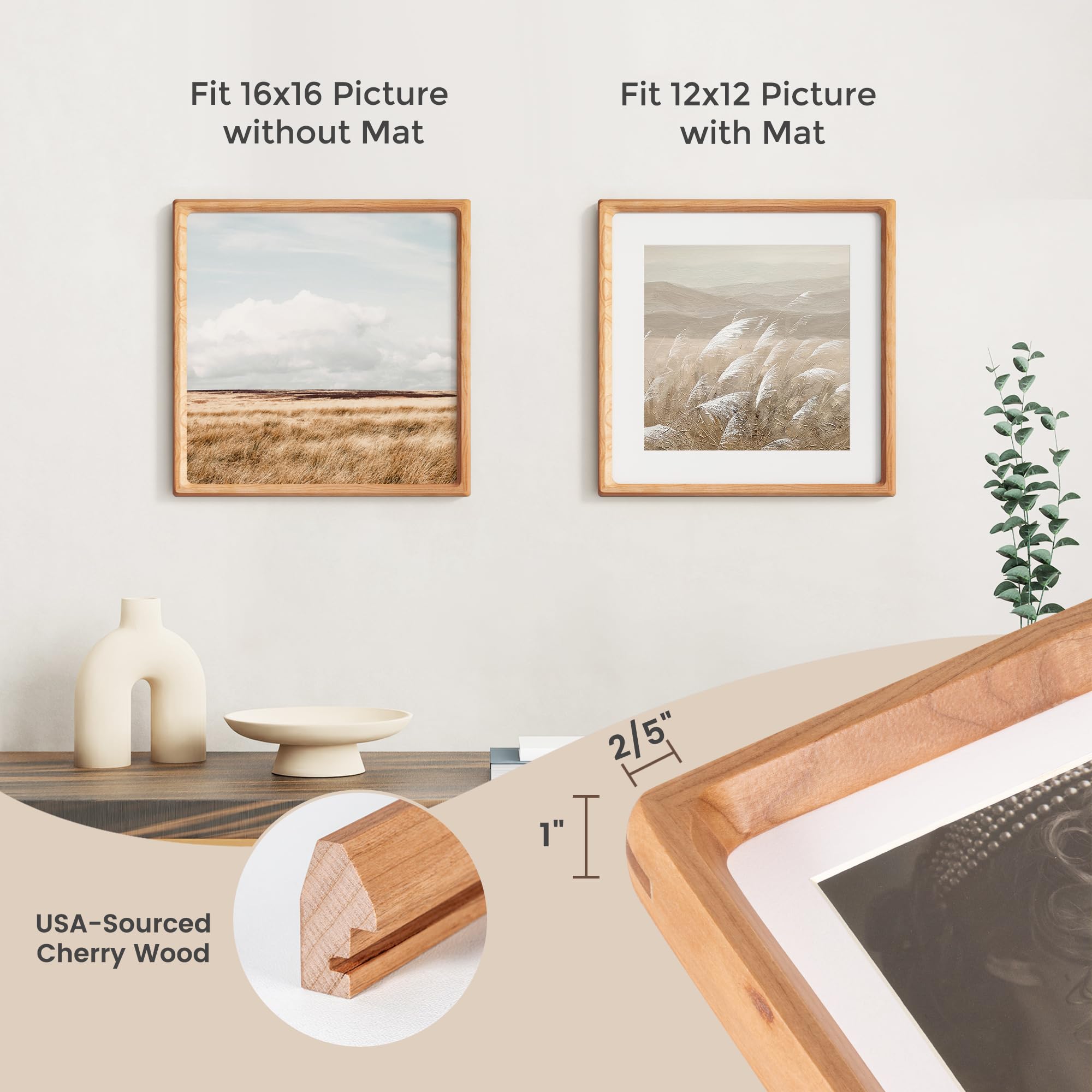 Condition photo showing New/Like New for 16x16 picture frame, usa-sourced cherry wood photo frames with hd tempered glass, handcrafted rounde