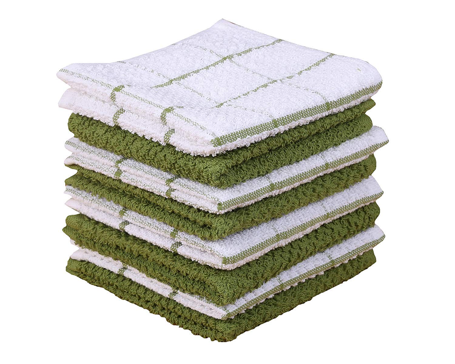 AMOUR INFINI Terry Kitchen Dish Cloth Set of 8, 30 x 30 Cms Super Soft and Absorbent Kitchen Cloth for Washing Up 100% Cotton Dish Cloths for Kitchen Perfect for Household and Commercial Uses | Green