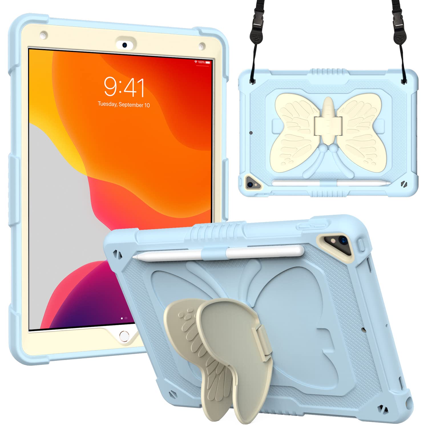 Light blue case for iPad 2019 2020 2021 10.2 inch iPad 7 8 9 generation butterfly clip with carrying straps anti-falling holder of the silicone protective case