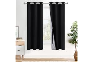 XWZO Complete Blackout Shades Window Curtain Panels with Tiebacks- Noise Reduction and Light Blocking Grommet Curtains with Black Liner for Studio, Basement Room, Black, W38 x L72, Set of 2