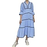 utcoco Women's Summer Beach Vacation Boho Striped RIC Rac Dress Flutter 3/4 Sleeve Tiered A Line Flowy Long Dress