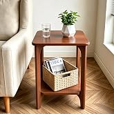 NOVOYOW Solid Wood Small Square Side Table for Living Room, Bedroom | 2-Tier Wooden End Table/Nightstand/Bedside Table, Mid Century Modern Nightstand, Easy Assembly (Walnut)