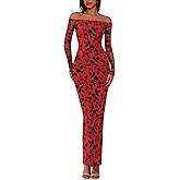 PRETTYGARDEN Womens Off The Shoulder Floral Maxi Bodycon Dress Fall Long Sleeve Mesh Fitted Long Formal Wedding Guest Dresses