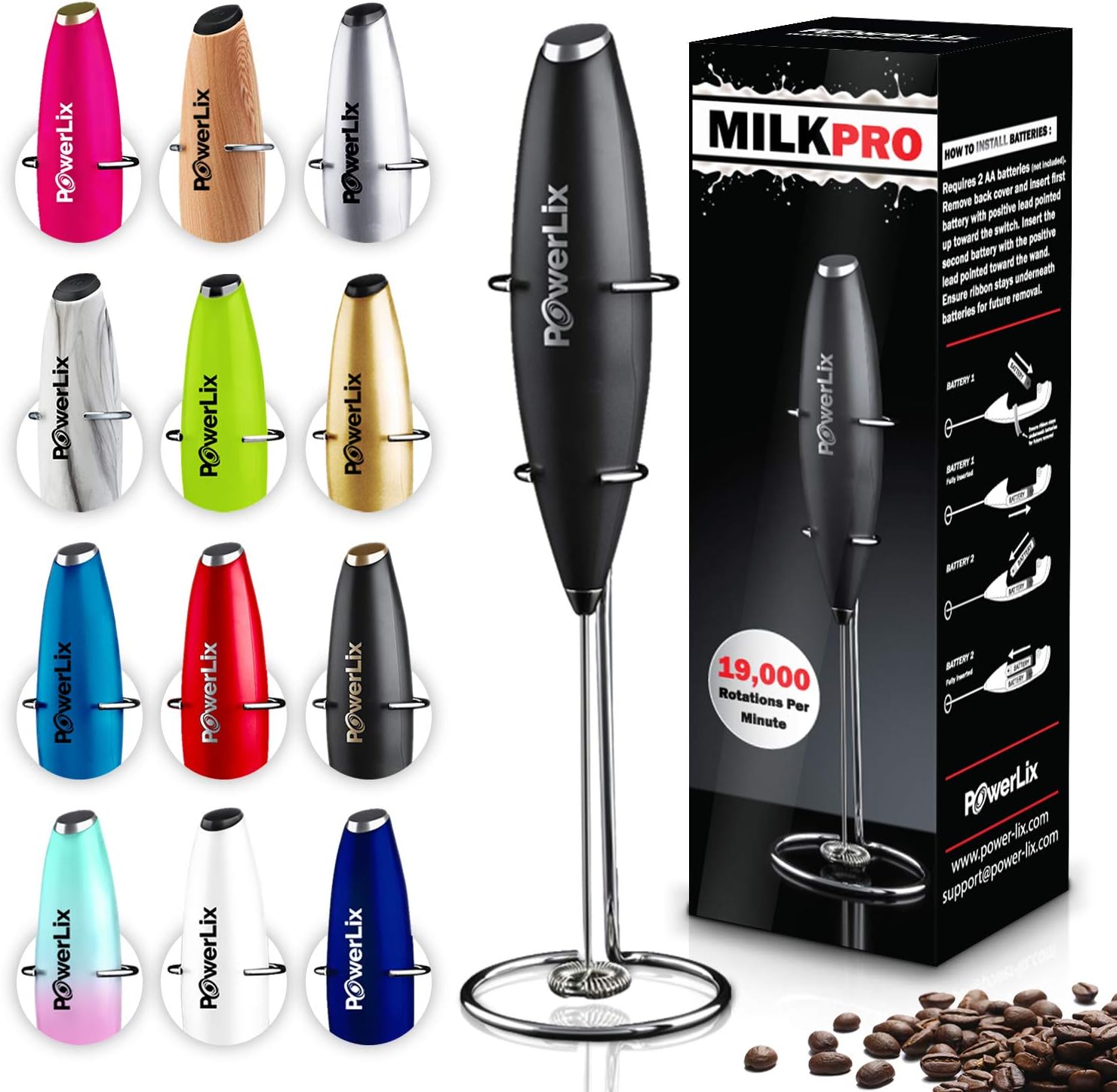 PowerLix Milk Frother Handheld Battery Operated Electric Foam Maker For Coffee, Latte, Cappuccino, Hot Chocolate, Durable Drink Mixer With Stainless Steel Whisk, Stainless Steel Stand Include (Black): Kitchen & Dining