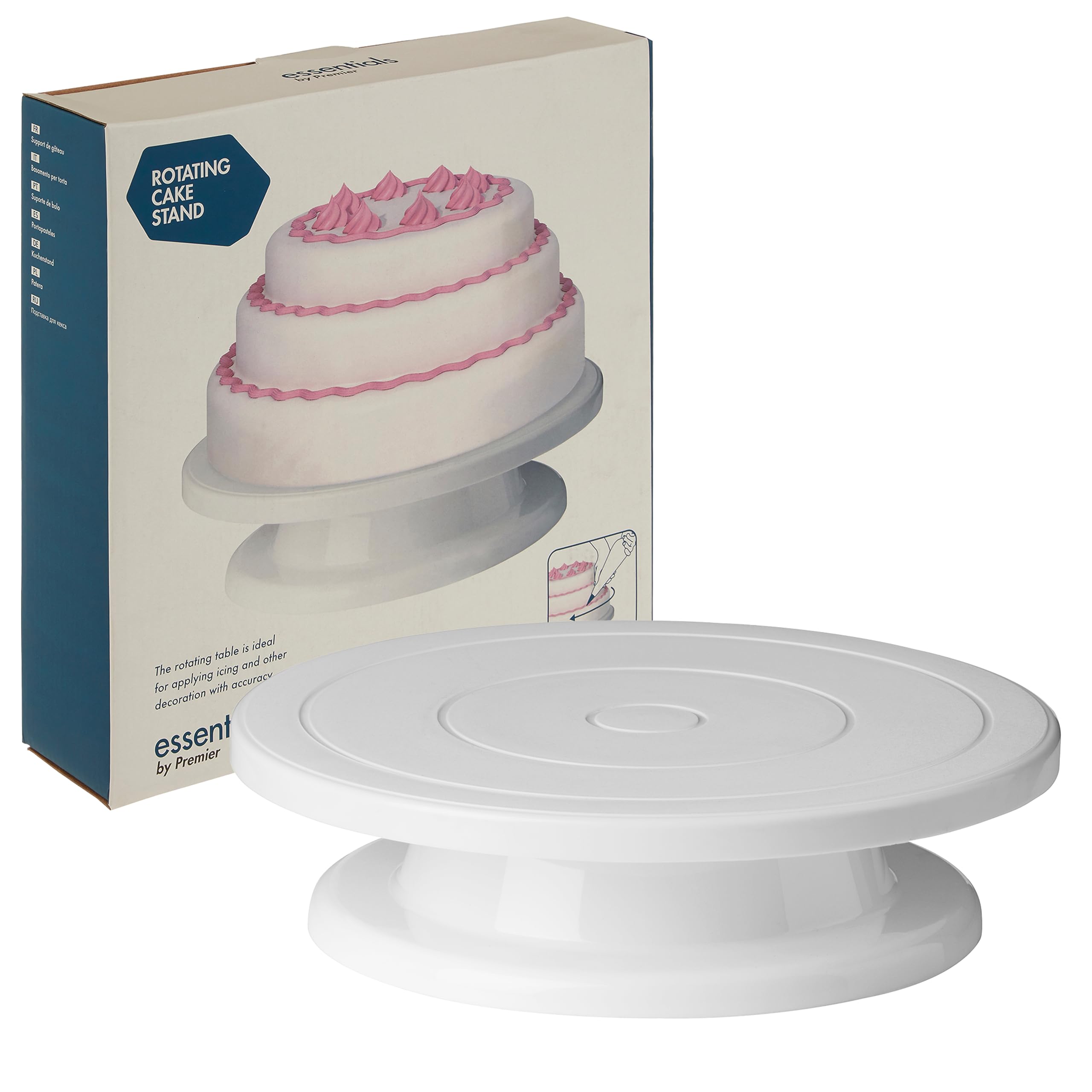 Premier Housewares Rotating Cake Decorating Turntable | White Plastic Spinning Stand For Birthday, & Wedding Cakes | Smooth Cake Spinner for Icing, Piping & Finishing Touches