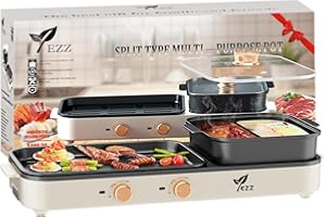 Electric Grill Indoor Hot Pot 2 in 1 Multifunctional BBQ and Shabu Shabu Pot with Divider, Separate Dual Temperature Contral 