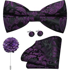 Dubulle Solid Paisley Pre-tied Bow Ties Lapel Pin for Men Mens Bowtie and Pocket Square Cufflinks Set Wedding