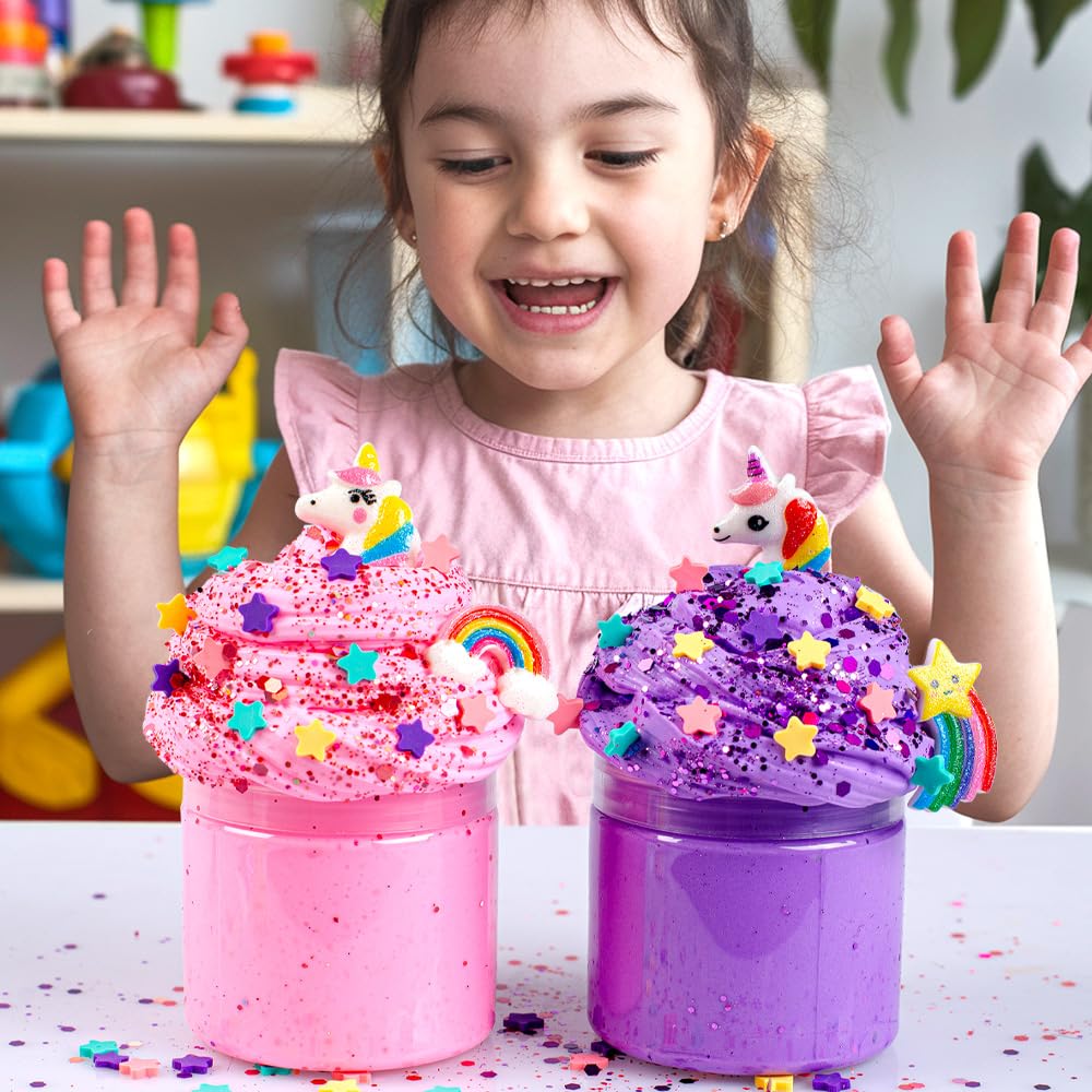 Waybla 2 Pack Butter Slime Kit for Kids with Glitter, Unicorn Figurines, Rainbow & Star Accessories – DIY Slime Toy Gift for Girls & Boys, Party Favors, Stocking Stuffers, Easter Basket Stuffers
