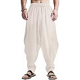 CLANMILUMS Men's Cotton Harem Pants Casual Loose Hippie Drop Crotch Trouser