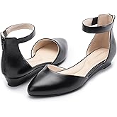 Cusolemore Women Flat Shoes with Ankle Strap, Low Wedge Heel Flats for Women, Comfortable Pointed Toe Dress Shoes for Work Business Wedding