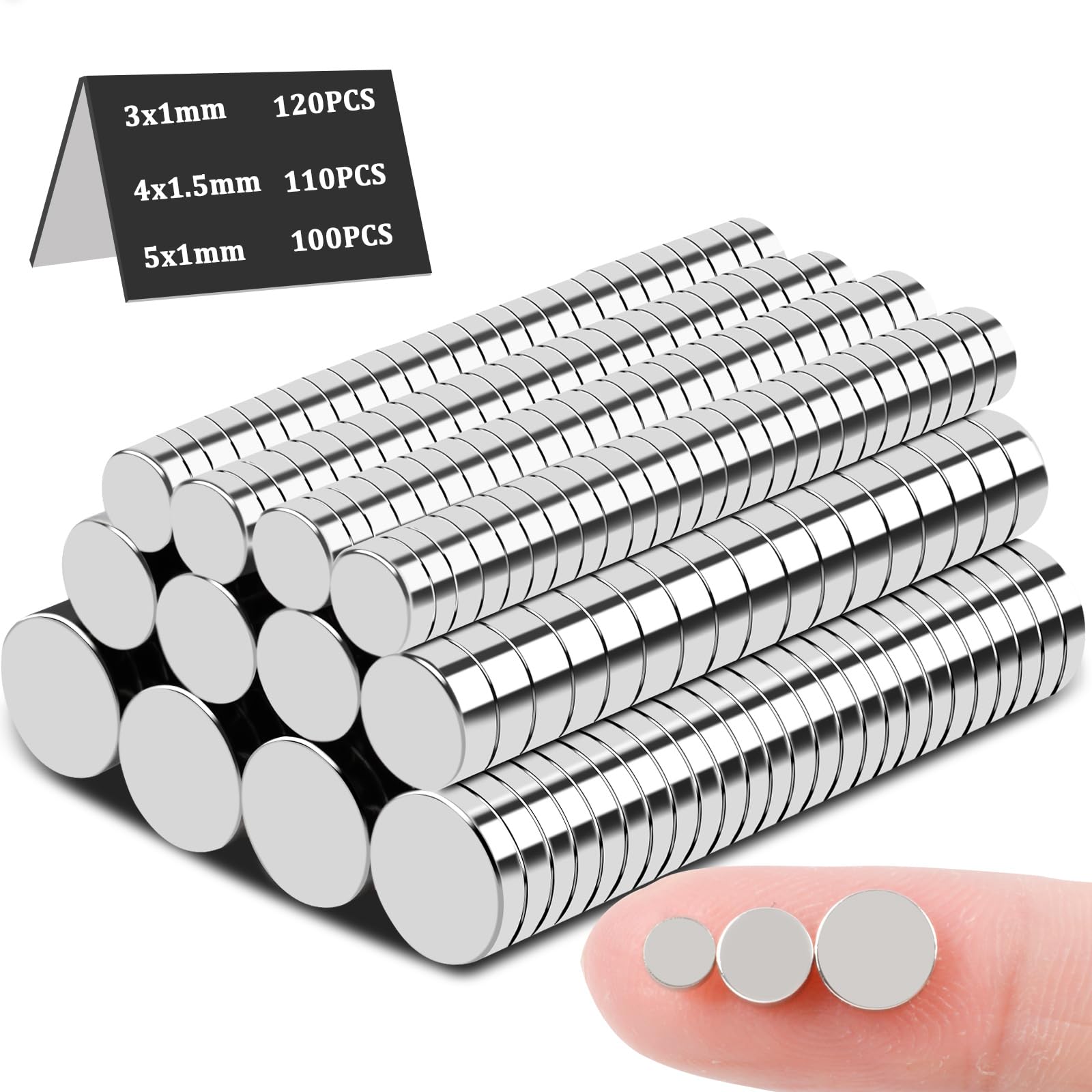 MIN CI Small Neodymium Magnets - 330Pack, Round Strong Magnets in 3 Sizes (Mini, 5x1mm, 4x1.5mm, 3x1mm) for Crafts, Fridge & Whiteboards