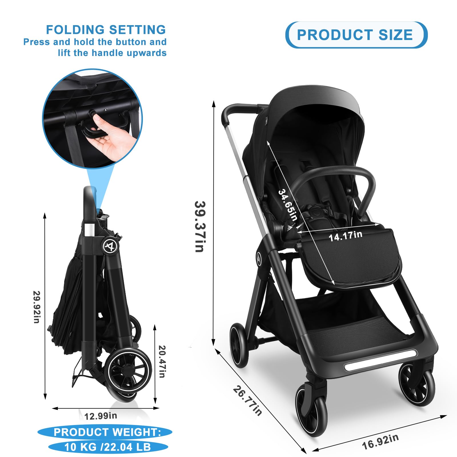 Reversible Baby Stroller, Foldable Toddler Stroller with Reversible Seat, Hidden Foot Cover & Sleep Shade, 4-Wheel Shock- Absorbing, Infant Pram Pushchair for 0-3 Year Old (Max 22KG)