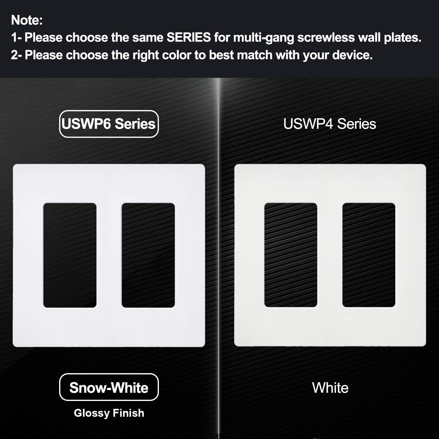 [5 Pack] BESTTEN 2-Gang Screwless Wall Plate, USWP6 Snow White Series, Decorator Outlet Cover, 4.69” x 4.73”, for Light Switch, Dimmer, GFCI, USB Receptacle, UL Listed - - 