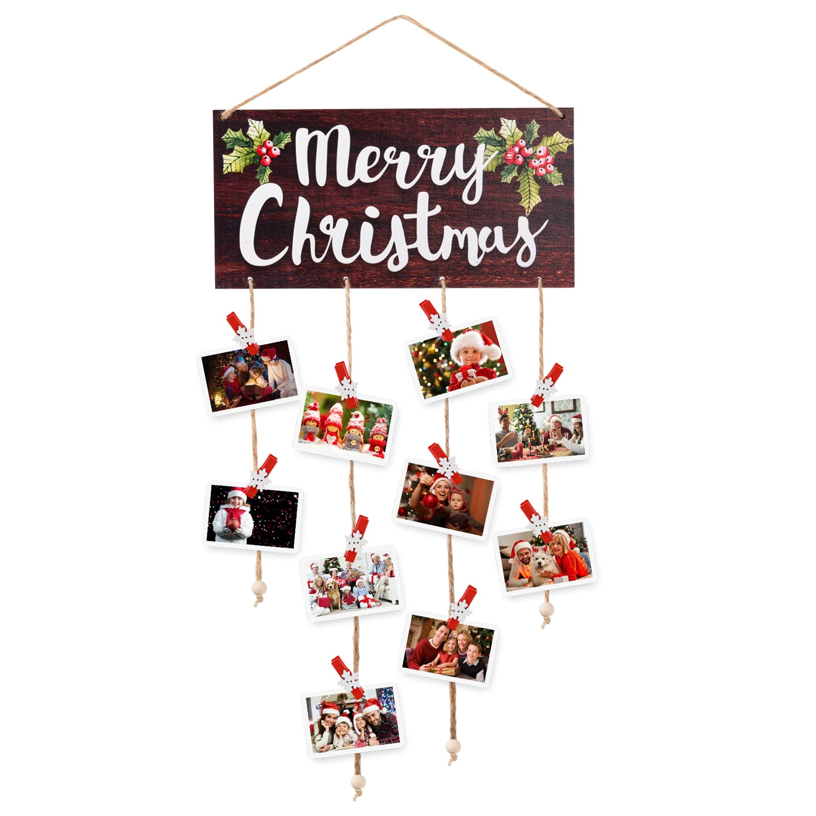 Ychelhr Christmas Card Holder - Merry Christmas Wooden Hanging Picture Display with 30 Photo Clips for Xmas Cards, Home Wall, Door, and Window Decor (Brown)