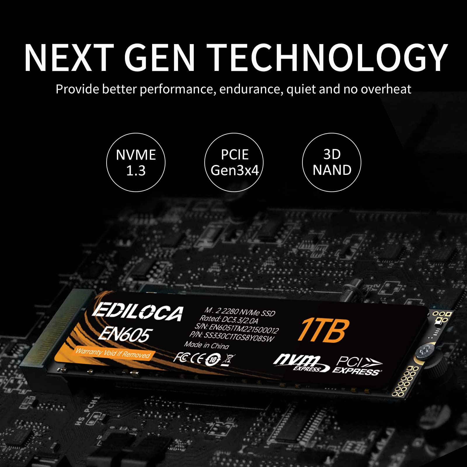 Ediloca EN605 1TB M.2 SSD, NVMe1.3 PCIe Gen3.0x4 SSD 3D NAND TLC Internal Hard Drive, M.2 2280 - Read/Write Speed up to 2150/1850 MB/s - Internal SSD Compatible with Laptop and PC Desktop
