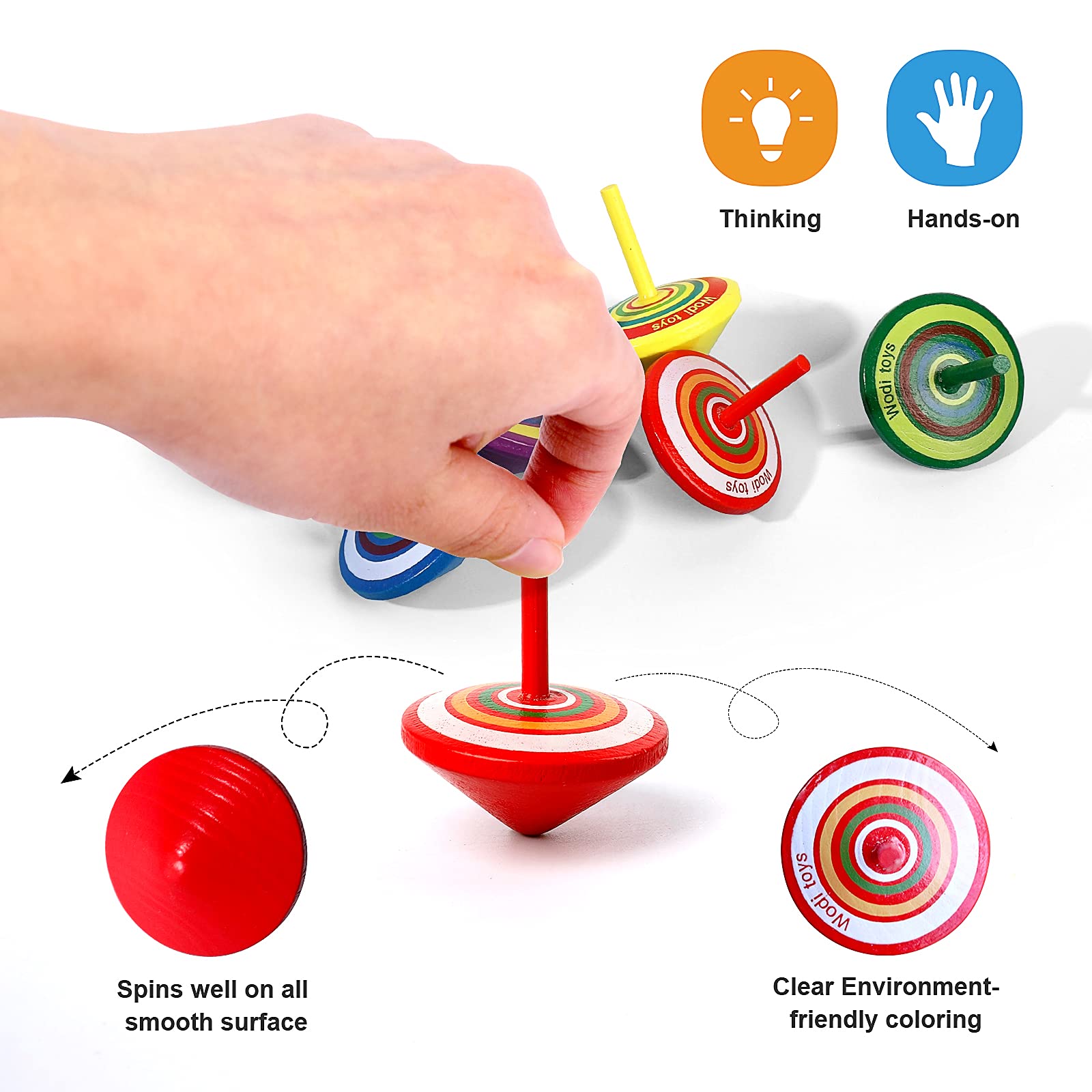 WODI Wooden Spinning Tops, 17 Pcs Wood Novelty Gyroscopes, Kids Handmade Painted Spinner, Kindergarten Toys, Vintage Craft Spin Top, Great Gift for Toddlers Girls Boys