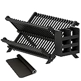 Greenual Black Bamboo Dish Drying Rack with Utensil
