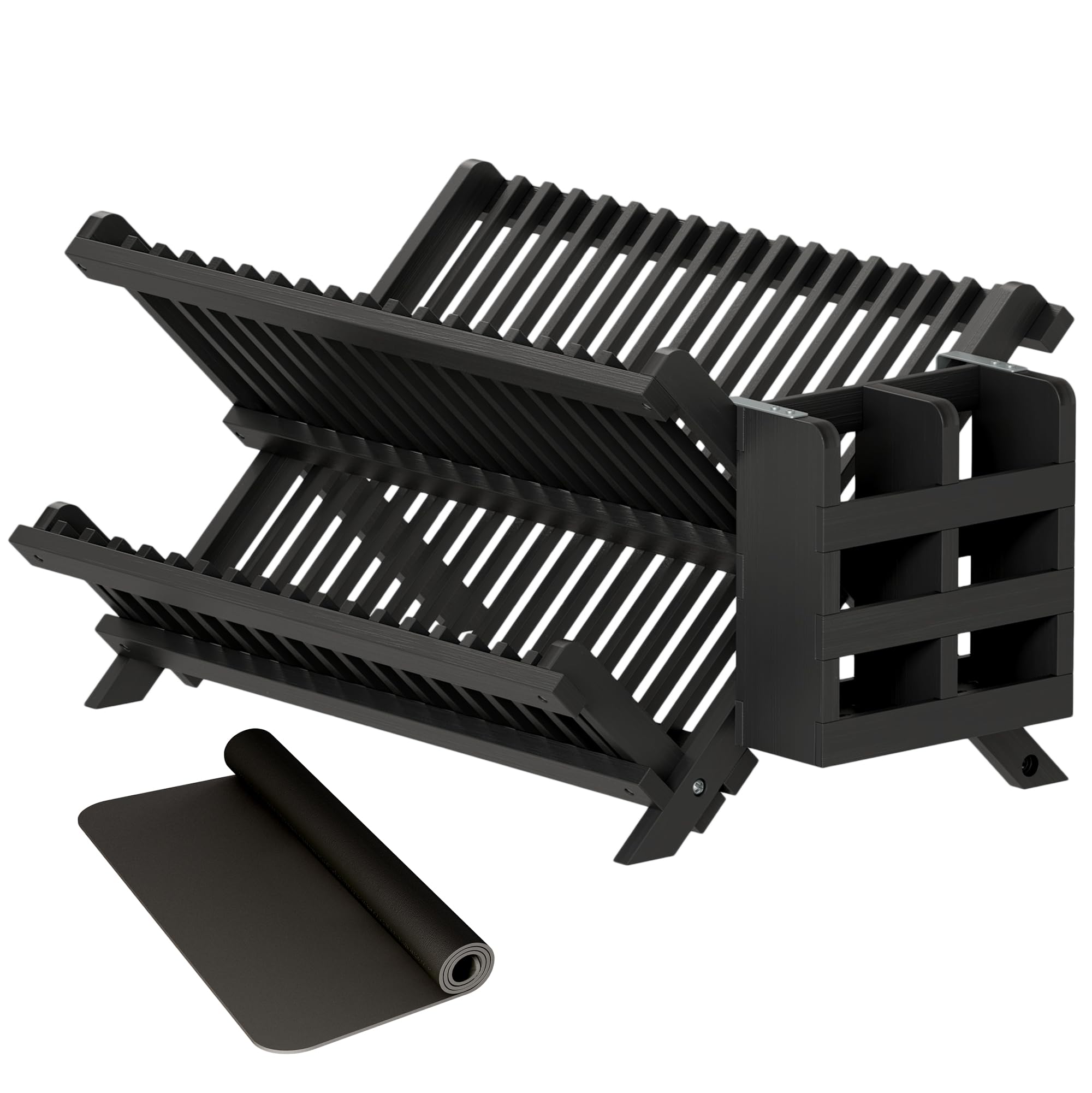 Photo 1 of Greenual Black Bamboo Dish Drying Rack with Utensil Holder, 2 Tier Collapsible Dish Rack, Wooden Dish Racks for Kitchen Counter, Folding Drying Holder with Absorbent Dish Drying Mat
