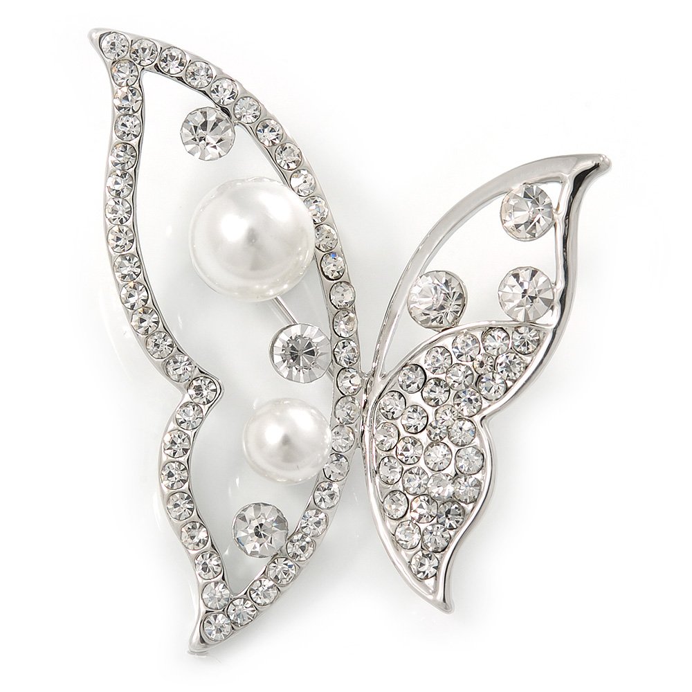 Avalaya Rhodium Plated Glass Pearl, Clear Crystal Asymmetrical Butterfly Brooch - 50mm Across