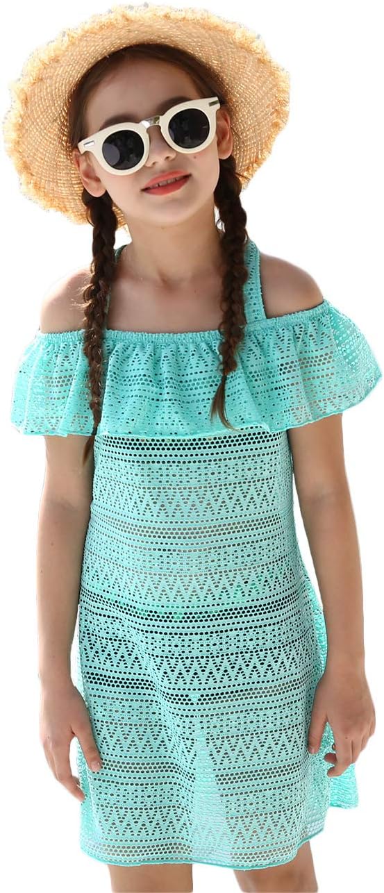 iDrawl Kids Beach Coverup Big Girls Crochet Beach Wear Sun Dress Pullover Cold-Shoulder Beach Cover Up Swimming Costume for Age of 6 to 14