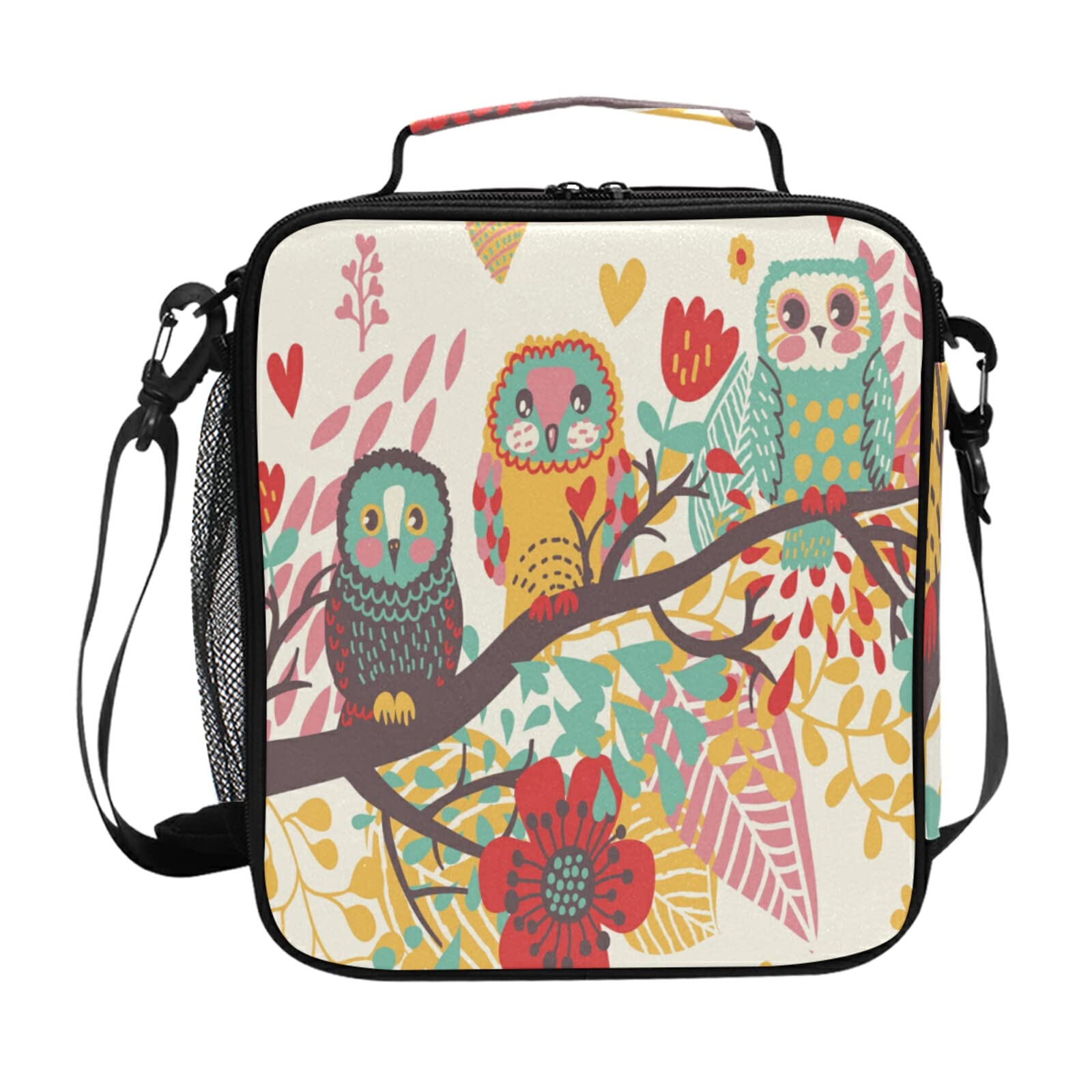 Mnsruu Girls Lunch Box Insulated Owls Kids Lunch Bag Large Freezable Lunch Boxes Cooler Meal Prep Lunch Tote with Shoulder Strap