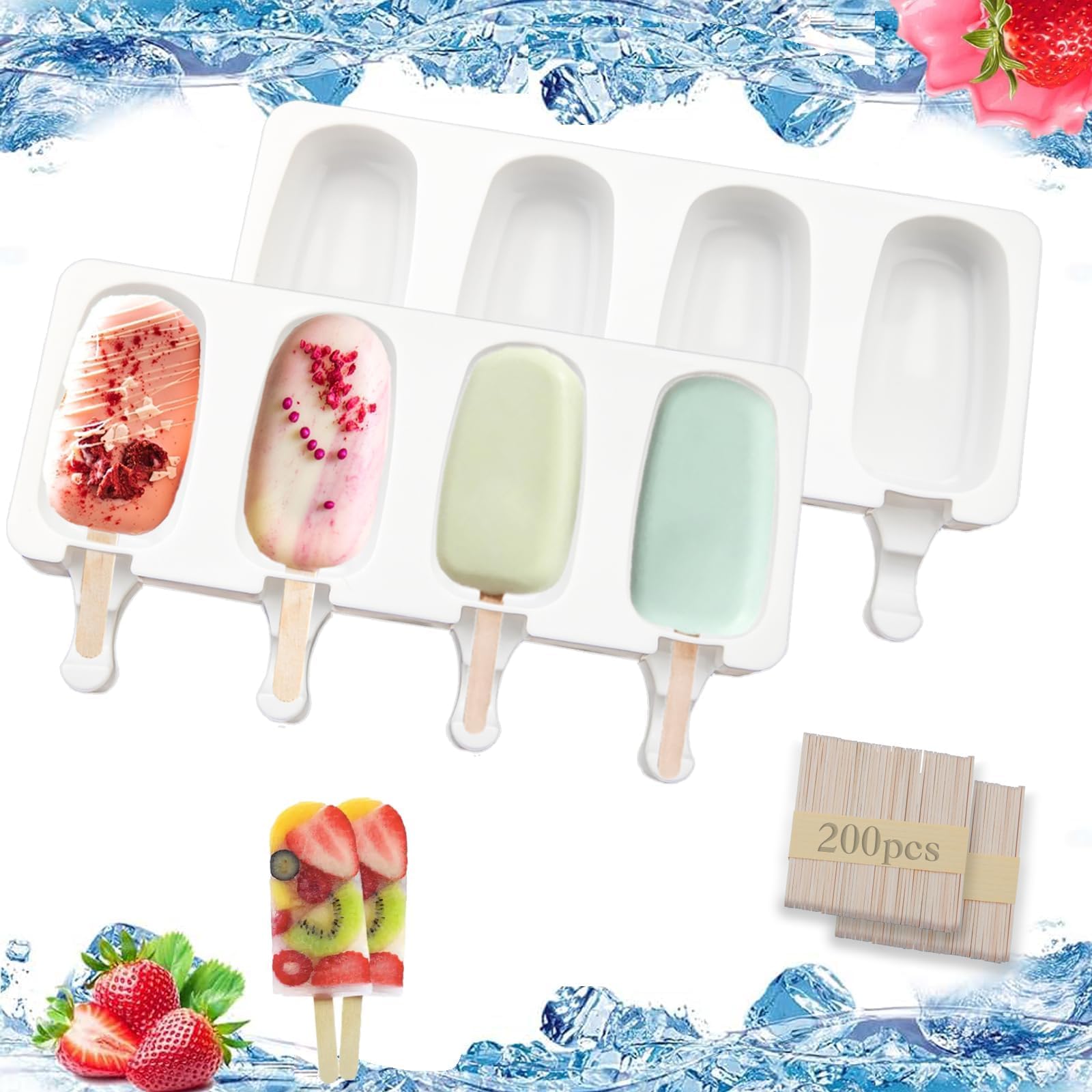 2-Piece Silicone Popsicle Moulds with Sticks - 26cm, Reusable Ice Cream & Cakesicle Moulds - 200 Lolly Sticks for DIY Frozen Dessert