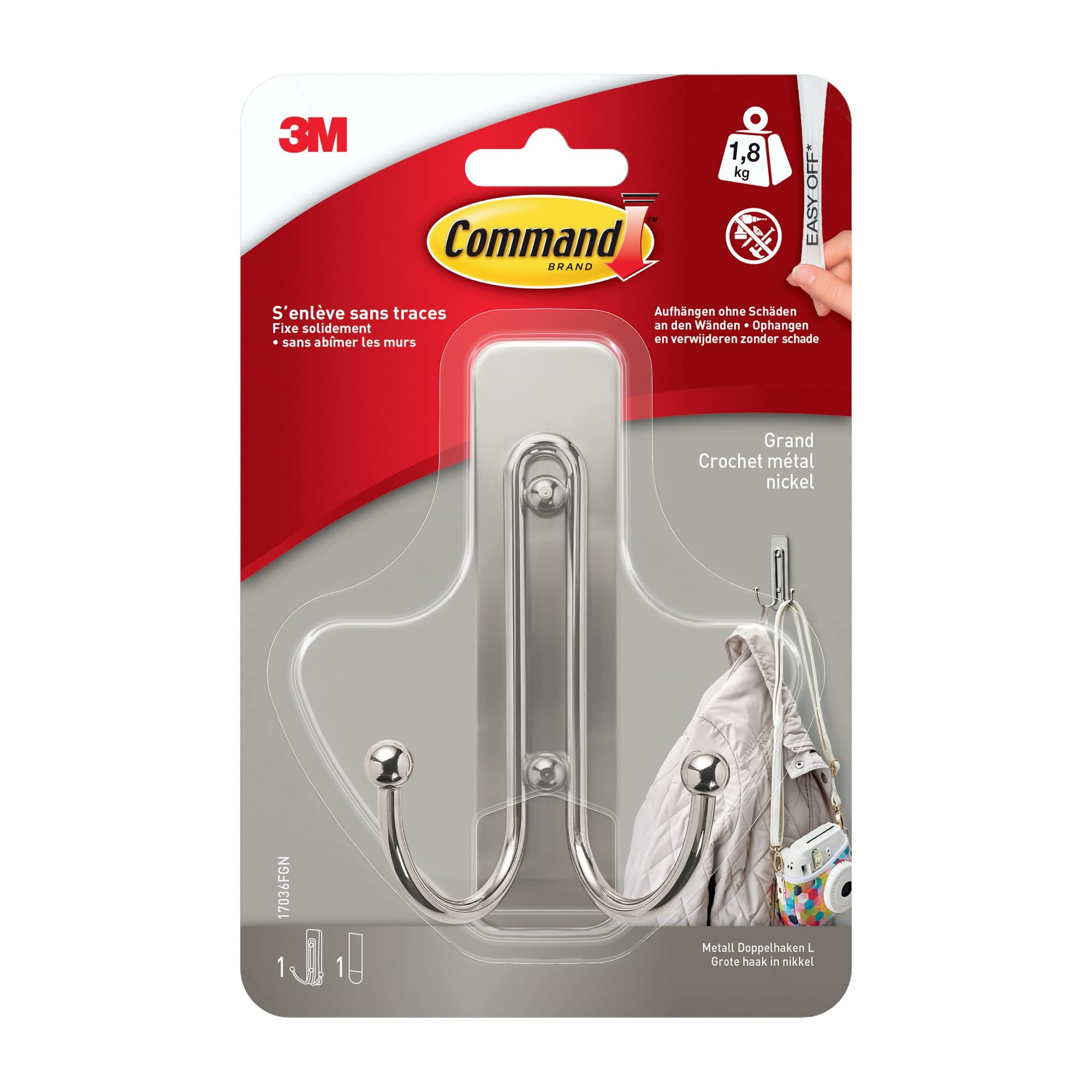 Command 17036FGN Nickel, Large Double Hook in Brushed, 17036, 1 Hook, 1 Strip