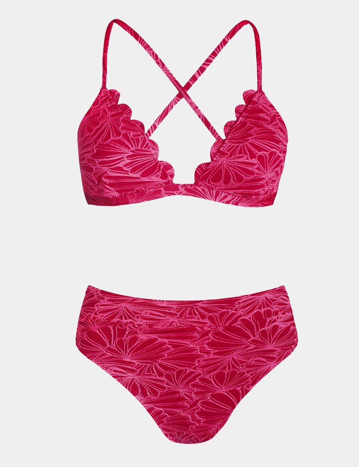 CUPSHE Bikini Sets for Women Bathing Suit High Waisted Scalloped V Neck Two Pieces Swimsuit,L Fuchsia Red - Image 4