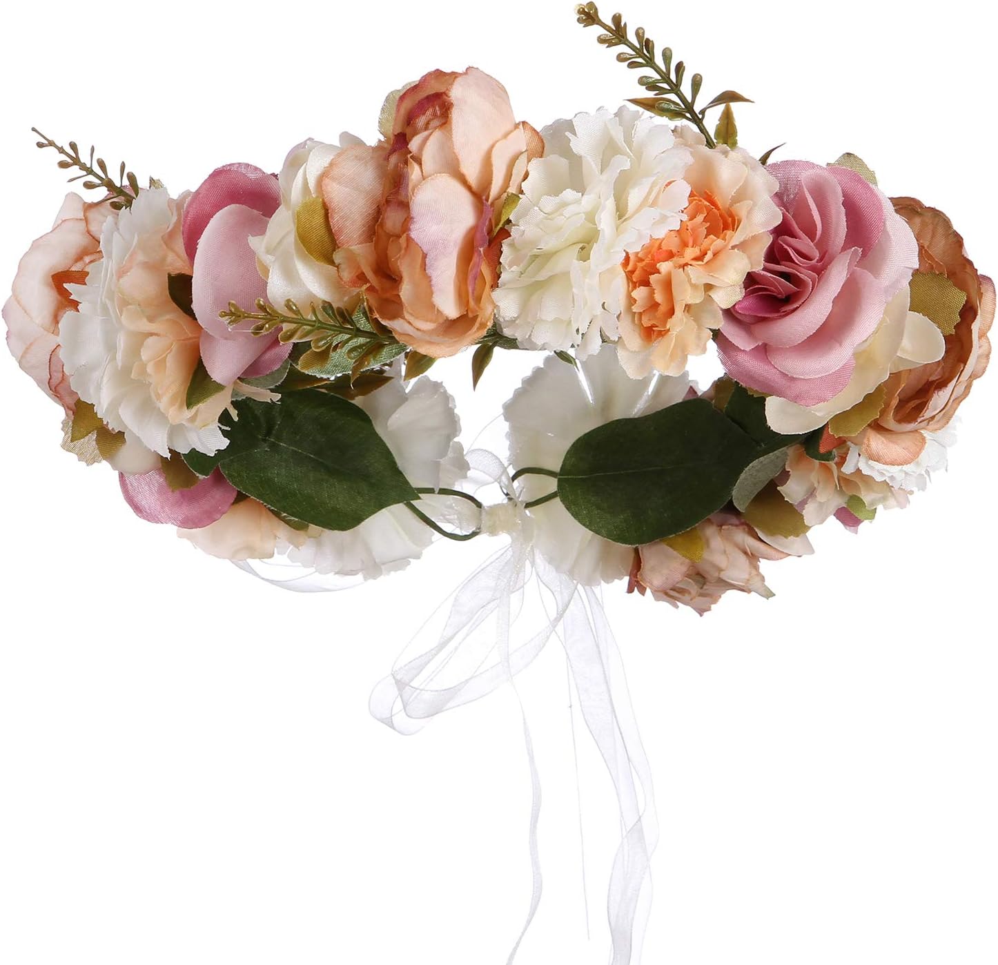 Folora Adjustable Flower Headband Hair Wreath Floral Garland Crown Headpiece with Ribbon for Wedding Ceremony Party Festival (191015X)