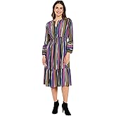London Times Womens Women's Elegant Long Sleeve Midi Dress - Split Neck Tiered Hem - Versatile Cocktail Wedding Guest Dress
